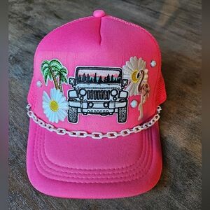 NWT Neon Pink Mesh Snapback Trucker Hat  With JEEP Embroidered patches